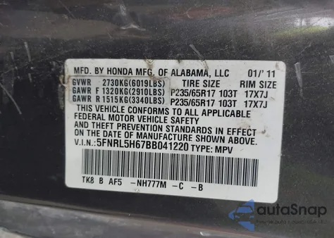 2011 Honda Odyssey Ex-L from USA, damaged, VIN 5FNRL5H67BB041220